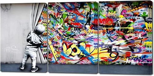 Vista 17 de Pintura de graffiti de árbol de la suerte sobre lienzo, 3 paneles, arte abstracto de árbol de deseos, póster impreso para sala de estar, dormitorio