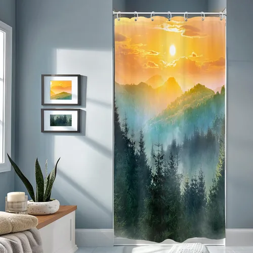 Riyidecor Cortina de Ducha Pequeña para Cabina de Montaña 36Wx72H Pulgadas RV Estrecha Verde Brumosa Rústica Bosque Amanecer Atardecer Paisaje Pino