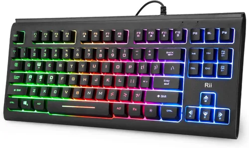 Rii Teclado de computadora, teclado compacto USB con cable con retroiluminación RGB, pulsación de teclado silenciosa para oficina en casa, trabajo o