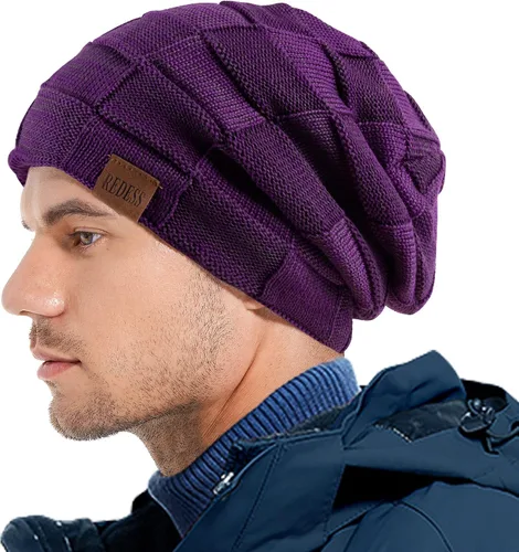 Vista 21 de REDESS Gorro de lana para hombres y mujeres, gorros de invierno cálidos de punto holgados y gruesos tipo calavera A1 negro