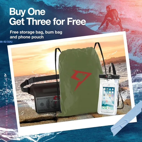 Vista 5 de Piscifun Bolsa seca impermeable, ligera mochila seca enrollable sellada con bolsa de cintura y funda para teléfono que mantiene el equipo seco