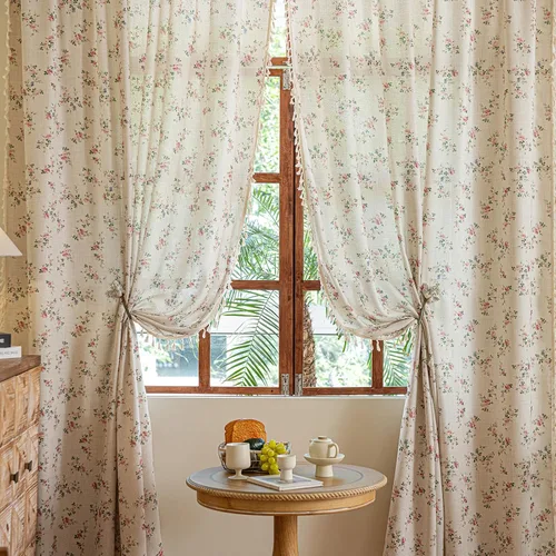 Vista 64 de Cortinas florales de granja semiopacas para sala de estar, de 63 pulgadas de largo, mezcla de lino y algodón, paneles de cortina de ventana cortos