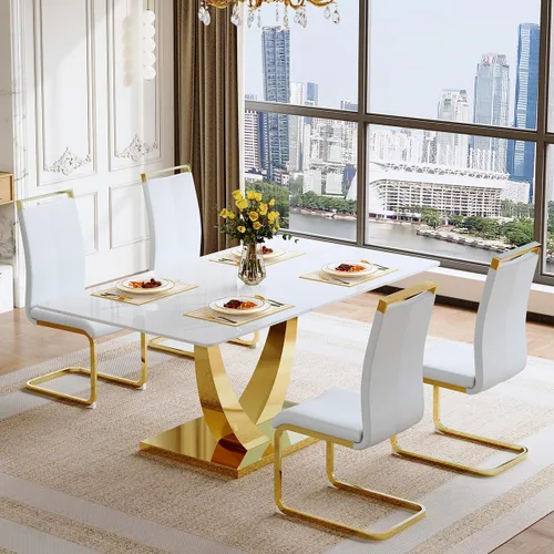 Vista 30 de Juego de mesa de comedor para 4, mesa de comedor de mármol sintético de 63 pulgadas con patas y base de acero inoxidable, sillas acolchadas