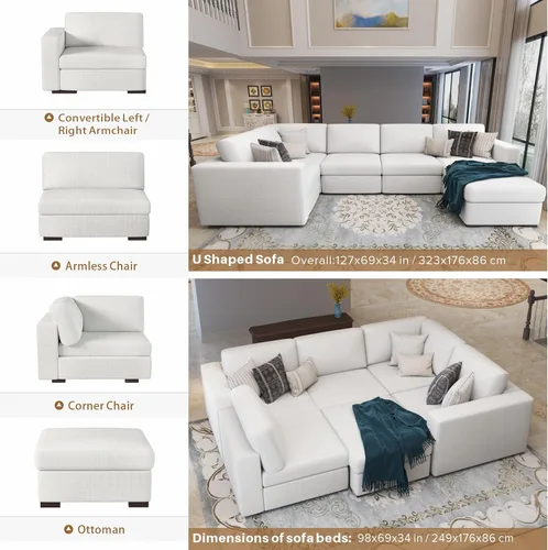 Vista 3 de Sofás seccionales para sala de estar, sofá modular en forma de L con otomana, juego de muebles de sofá beige en forma de U, 6 piezas, modernos sofás