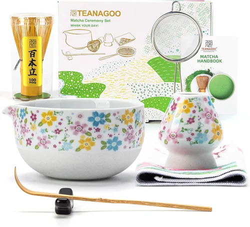 Vista 14 de TEANAGOO Juego de batidor de matcha, juego de 7 piezas de matcha azul y verde, kit de ceremonia, juego de té matcha para hacer café con leche