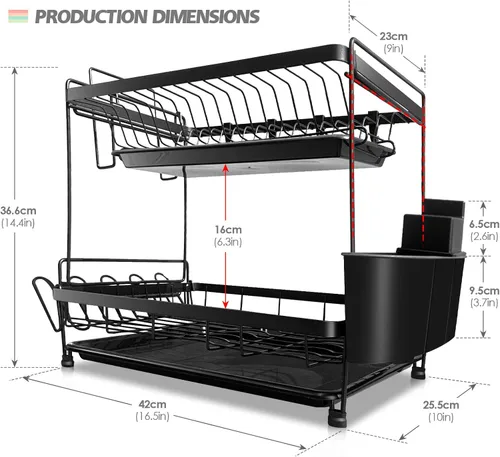Vista 2 de Zvonema Escurridor de platos grande, 2 niveles para encimera de cocina, escurridor de platos de acero inoxidable con escurridor y soporte extraíble
