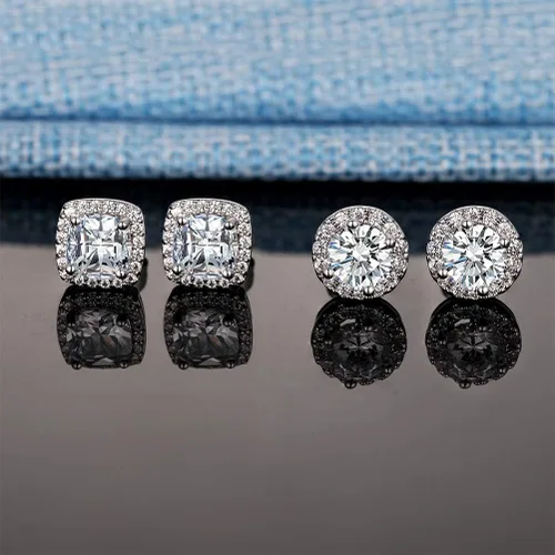Vista 2 de Aretes de tuerca chapados en oro blanco de 18 quilates con circonita cúbica cuadrada redonda de imitación de diamantes 2 pares Latón