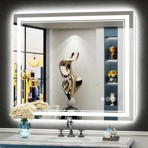 Vista 42 de Espejo de baño LED de 48 x 30 pulgadas con luces, retroiluminado + frontal iluminado, espejo de tocador con luz antiniebla para pared de baño con 3