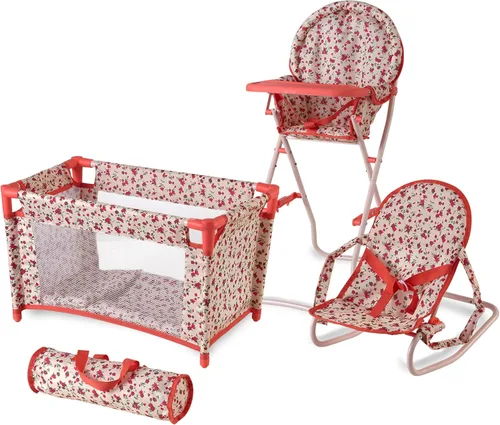 Conjunto de accesorios para muñeca bebé floral, cuna para muñeca de 3-1, silla alta y asiento rebotador para muñeca. Accesorios para muñeca de 18