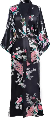 Vista 21 de BABEYOND Bata tipo kimono para mujer, bata larga de satén con estampado de pavo real y flores Verde