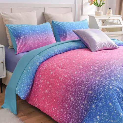 Vista 7 de A Nice Night Juego de ropa de cama de 6 piezas con purpurina degradada para niñas, tamaño Twin, juego de edredón colorido de galaxia arcoíris, Azul
