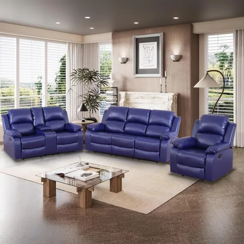 Vista 37 de Juego de Muebles para Sala de Estar, Juego de Sofá Reclinable Manual, Juegos de Sofás Reclinables de Cuero Beige con Mesa Desplegable, Sofá