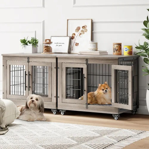 Vista 24 de YaFiti Mueble de jaula para perros con cojín, perrera de madera para interiores con puertas dobles, jaula para perros con ruedas, mesa auxiliar