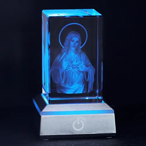 Vista 18 de KOMI Estatua de Jesús de cristal 3D con base de luz LED, grabada con láser, estatuas religiosas de Jesús I Trust in You, regalos religiosos