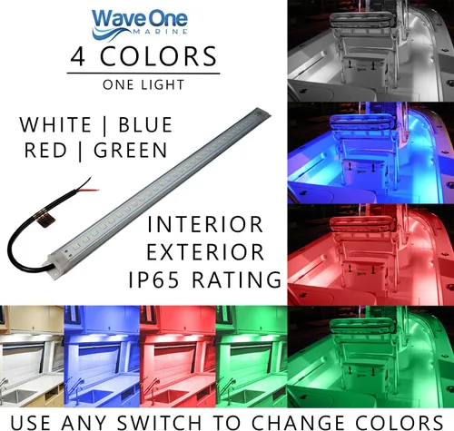 Vista 2 de Wave One Marine Tira de luz LED RGBW de cortesía y acento para barco de 16 pulgadas Controlador interno de 12-24 voltios Blanco azul rojo verde