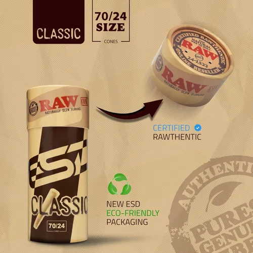 Vista 5 de Conos RAW Classic Tamaño Único 70/24 Paquete de 100 Conos Más Cortos que 1 1/4 Mini Preenrollado para Disfrutar de una Sesión Rápida