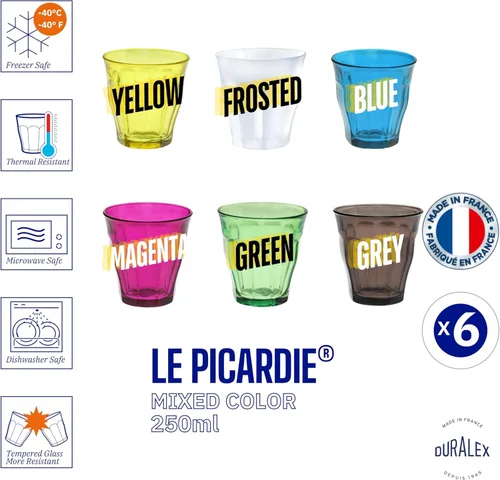 Vista 6 de Duralex Picardie - Vaso de vidrio (25 cl), 6 unidades (paquete de 1), multicolor