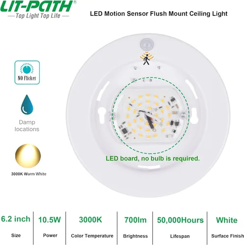 Vista 3 de LIT-PaTH Lámpara LED de techo empotrada, accesorio de iluminación de armario con sensor de movimiento, 10.5 W, 700 lúmenes, 6.2 pulgadas, carcasa