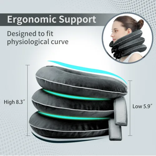 Vista 4 de S Dispositivo de tracción cervical para aliviar el dolor de cuello - Collar inflable para estirar el cuello para descompresión - La mejor bomba