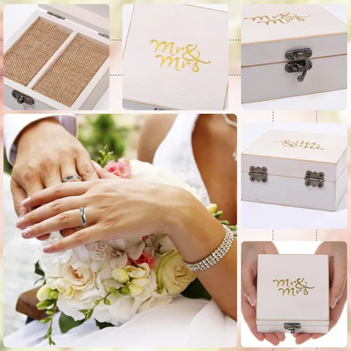 Vista 4 de Caja de madera para anillo de ceremonia de boda soporte de anillo de madera rústico para anillos de matrimonio y joyería de pareja