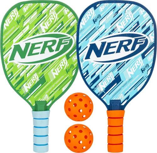 NERF 2 Player Pickleball Paddle Set - Youth Pickleball Equipment Set - (2) Wooden Paddles with Foam Grips + (2) Outdoor Balls for Kids - Carry Bag