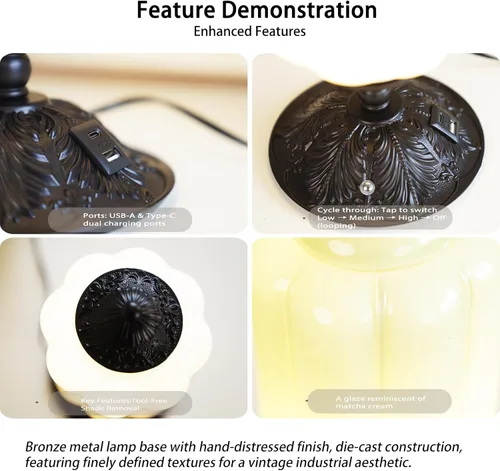 Vista 5 de Lámpara de mesa vintage de vidrio de leche con control táctil, elegante lámpara de noche de vidrio blanco regulable de 3 vías con puertos de carga