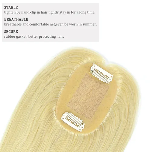 Vista 4 de Toppers de cabello humano con clip, sin costuras, para mujer, base de encaje para cabello picante, 12 pulgadas, rubio decolorado Bleach Blonde