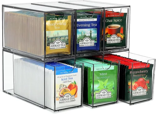 LANLISA Paquete de 6 organizadores y almacenamiento de bolsas de té Organizador de bolsa de té, contenedor de cajón de té de plástico, para gabinete