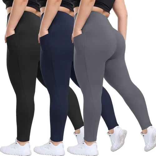 HLTPRO Paquete de 3 leggings de talla grande con bolsillos para mujer, color negro, cintura alta, control de abdomen, pantalones de yoga suaves para