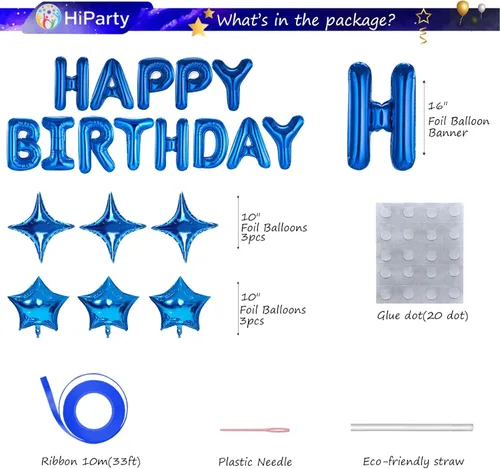 Vista 3 de Globos azules de letras de papel de aluminio de Mylar de 16 pulgadas con 6 globos de estrella, decoraciones de fiesta de feliz cumpleaños