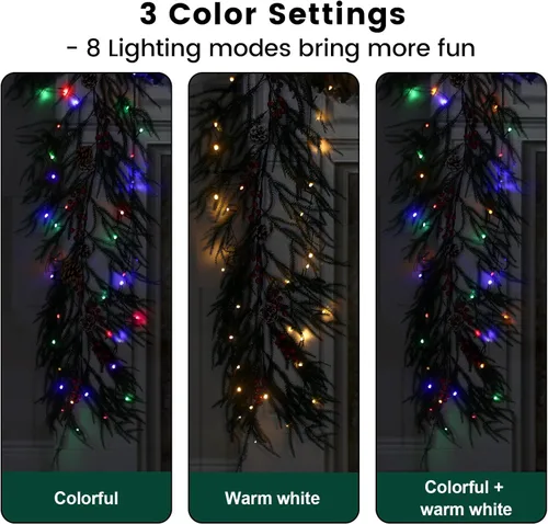 Vista 4 de Guirnalda de Navidad de 6 pies de pino de Norfolk preiluminada con bayas rojas y bolas de cedro, luces LED y control remoto – Guirnalda iluminada a