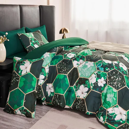 Vista 13 de ZRNBAST Juego de edredón de 7 piezas, tamaño matrimonial, color gris claro, panal de abeja, para todas las estaciones, con estampado hexagonal