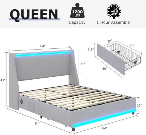 Vista 41 de VECELO Full Size Bed Frame with Storage Drawers, Upholstered Platform Bedframe with Wingback Headboard, No Box Spring Needed, Light Grey
