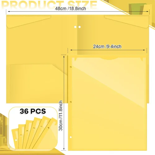 Vista 2 de Henoyso 36 carpetas de plástico de 2 bolsillos con bolsillo frontal transparente y 3 agujeros, tamaño carta, soporte para documentos para llevar a