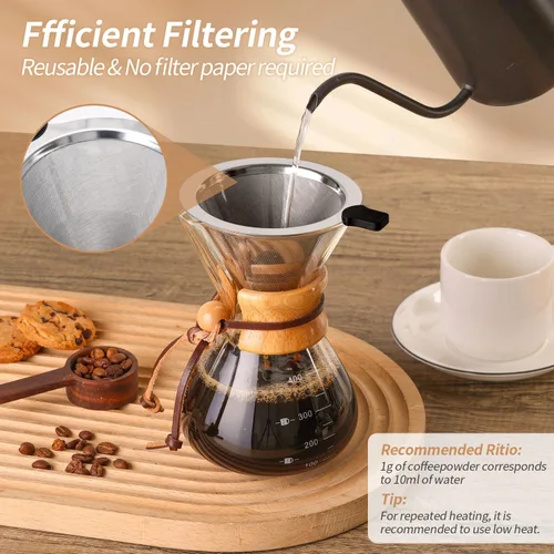 Vista 3 de Cafetera de 17 onzas, cafetera de goteo de vidrio borosilicato de 4 tazas con filtro de acero inoxidable reutilizable y agarre de corcho para café