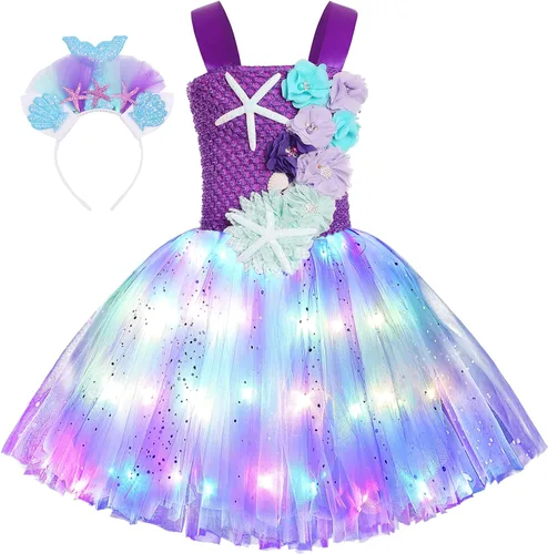 Koatobbor - Disfraz de sirena para niñas, vestido de tutú de sirena con luz LED de color para Halloween, fiesta de cumpleaños, de 3 a 8 años Rainbow