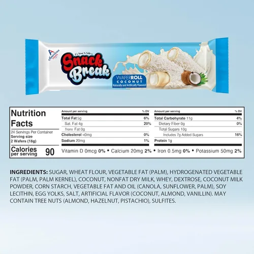 Vista 2 de Snack Break Snacks de oblea enrollada de coco con relleno cremoso de coco, bocadillos de oblea envueltos individualmente, (paquete de 24)