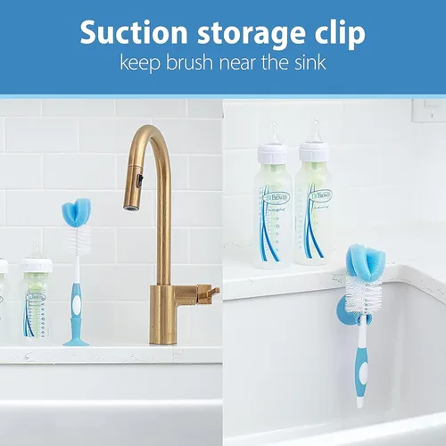 Vista 8 de Juego de cepillo de limpieza de silicona Dr. Brown's con cepillo para botella, pico y pajita, 3 unidades + cepillo de esponja para biberón, azul, 3