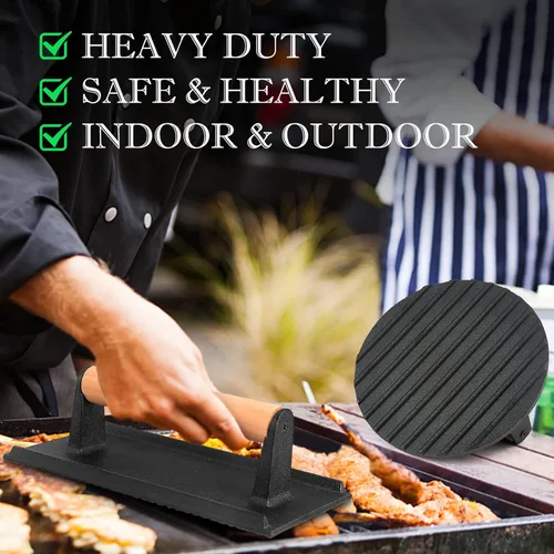 Vista 7 de HaSteeL Prensa de tocino de hierro fundido, prensa de hamburguesa para plancha Teppanyaki de parte superior plana, prensa redonda resistente de 7