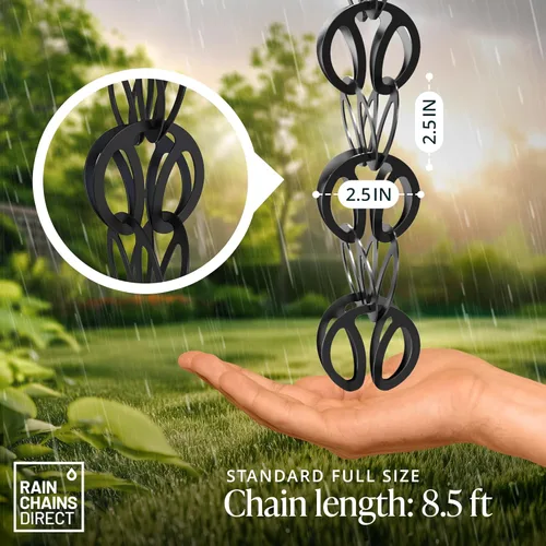 Vista 4 de Rain Chains Direct - Cadena de lluvia moderna en bucle - 8.5 pies - Aluminio negro resistente con recubrimiento en polvo - Cadenas de lluvia premium