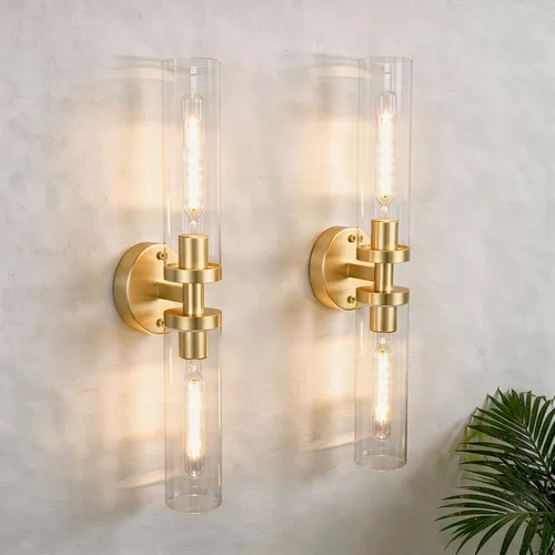 Vista 11 de Juego de 2 apliques de pared, lámparas de baño cableadas, iluminación de pared moderna para tocador de baño con pantalla de vidrio transparente