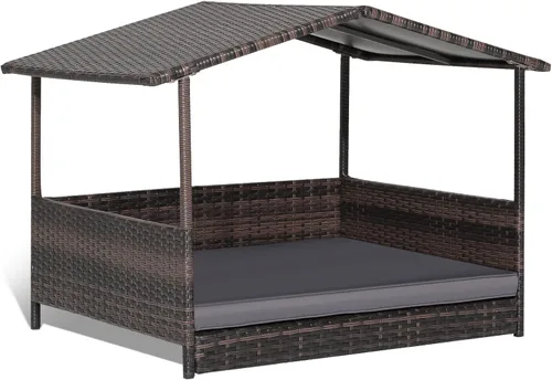 Vista 9 de Giantex Casa de mimbre para perro, cama elevada de ratán para perros con techo impermeable, funda de cojín lavable, marco de acero, cama elevada