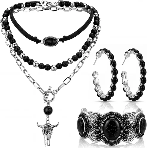 3 piezas de joyería boho occidental para mujer, conjunto de joyas de turquesa, aretes vintage, pulsera, collar bohemio occidental para mujer Negro de Inbagi