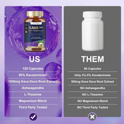 Vista 5 de Extracto de raíz de kava kava de 1000 mg con magnesio, 50% kavalactonas, L teanina, mezcla de hierbas Ashwagandha para un estado de ánimo