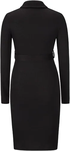 Vista 5 de Women Long Sleeve V Neck Knitted Dress Button Up Ribbed Turn Down Collar Bodycon Dresses with Belt