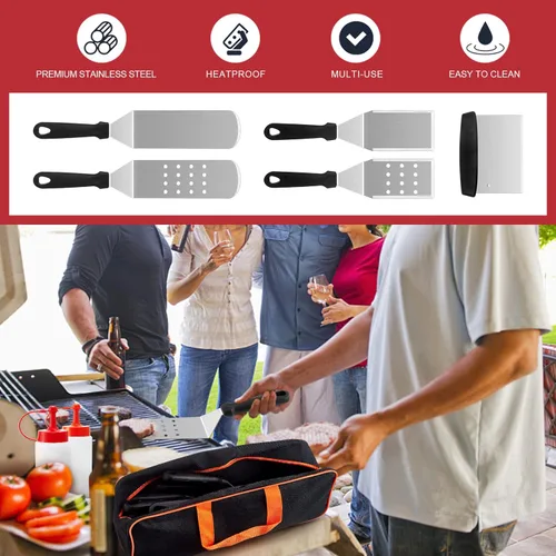 Vista 7 de HaSteeL Kit de 8 accesorios para plancha, espátula de metal resistente, herramientas profesionales de plancha de acero inoxidable con bolsa