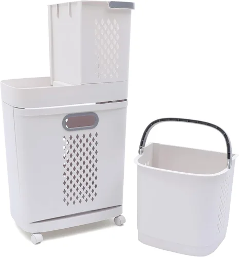 Vista 2 de Cesta de plástico para ropa sucia para el hogar, cesta de ropa con diseño dividido, cuerpo de cesta hueco y rueda universal