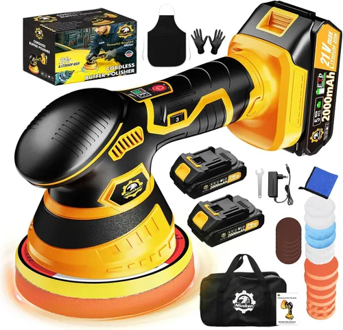 Vista 10 de Kit de pulidor inalámbrico para automóvil [2 baterías de 2000 mAh 21 V y 18 accesorios] Diseño orbital de 6 velocidades, pantalla LED, herramienta