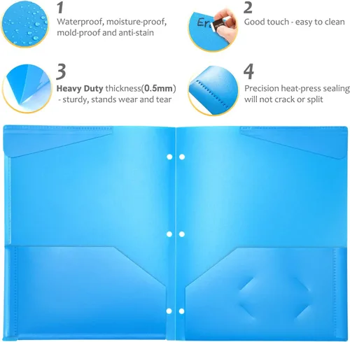 Vista 4 de Carpetas plásticas de alta resistencia con bolsillo frontal transparente - 6 unidades, carpetas de 3 bolsillos con 3 agujeros para archivadores de 3