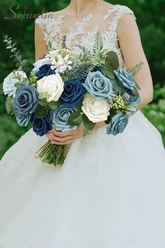 Vista 3 de Serwalin Flores artificiales, 25 unidades, rosas falsas con tallos para ramos de boda, centros de mesa de despedida de soltera, arreglos florales